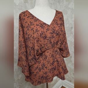 Willow + Root Floral Blouse Kimono Sleeve Boho Top Taupe Black Size Large